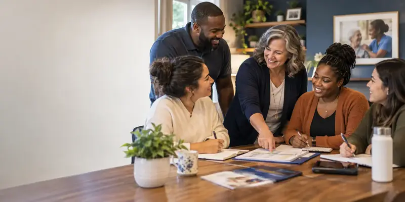 A team discussing schedules and documents around a table